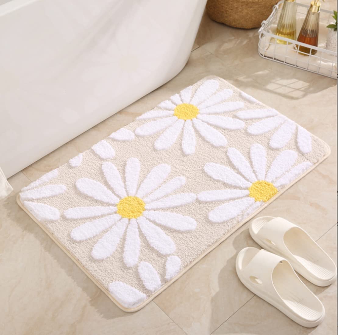 Daisy Bathroom Rugs Mat White Flower Bath Rugs Fluffy Soft Fiber Rugs Non Slip Bath Mat Plush Mats Bathroom Rug for Bathroom Shower Room (Khaki, 40x60cm)