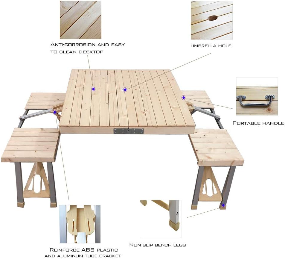 STONCEL Folding Table and Chairs Set, Portable Picnic Table with 4 Seats for Outdoor Camping Picnic BBQ, Party and Dining(Wooden): Kitchen & Dining