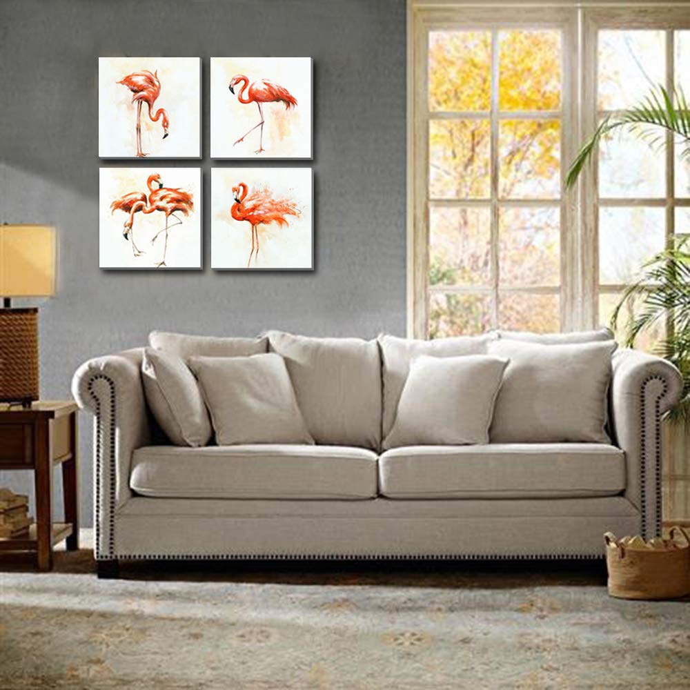 Hongwu 4 Piece Canvas Wall Art Flamingo Painting Modern Canvas Art Prints Bird Pictures on Canvas Stretched and Framed Ready to Hang for Home Decoration Wall Decor 12x12inch