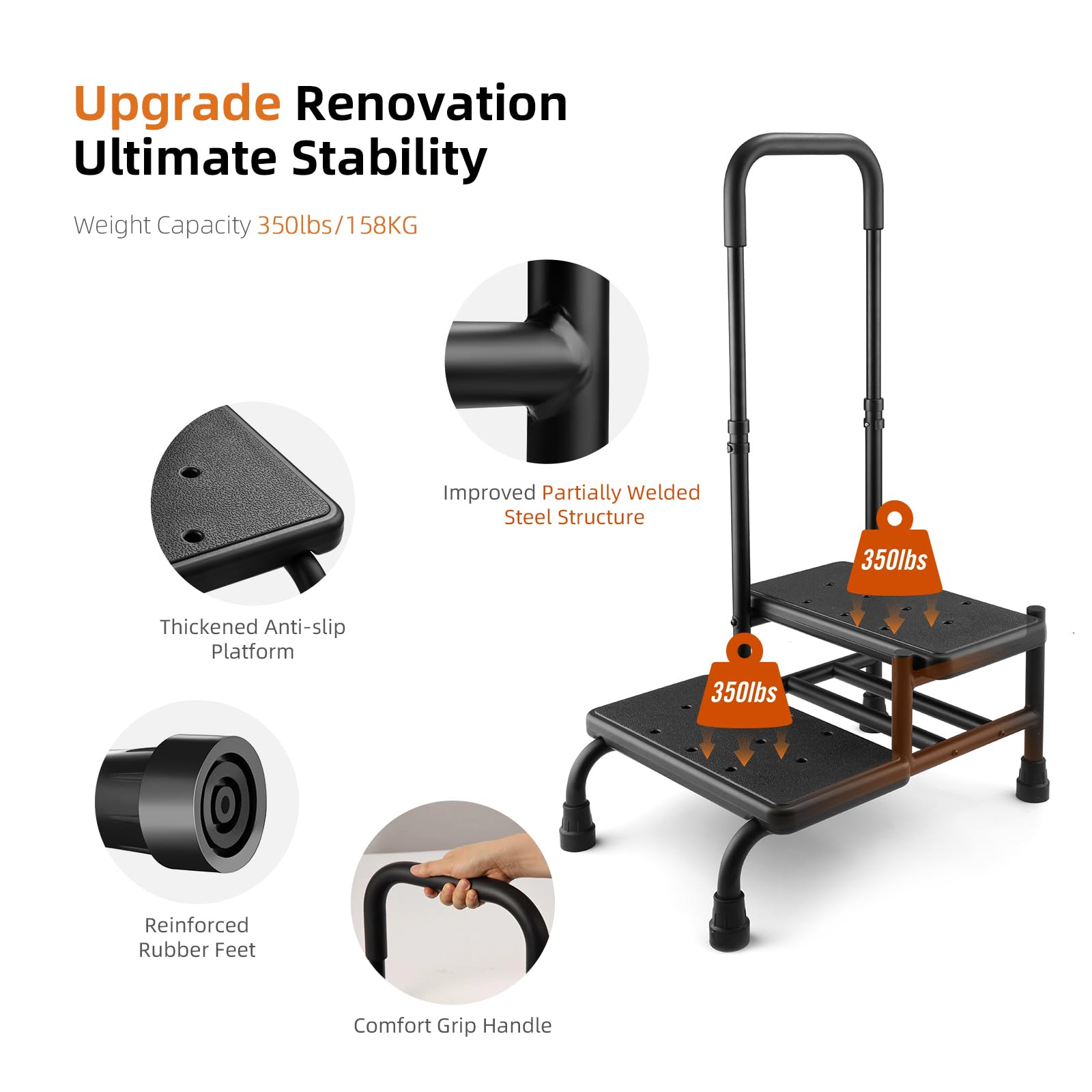 Step Stool with Handle, Non Slip Platform and Adjustable Handrail, Two Step Stool for Ederly, Adults and Handicap, Heavy Duty Foot Stool for High beds, Kitchen, Bathtub