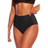 Women High Waisted Bikini Bottom Tummy Control Swim Bottom Side Mesh | Full Coverage, Crisscross, Lace-Up Sides, Full Lining