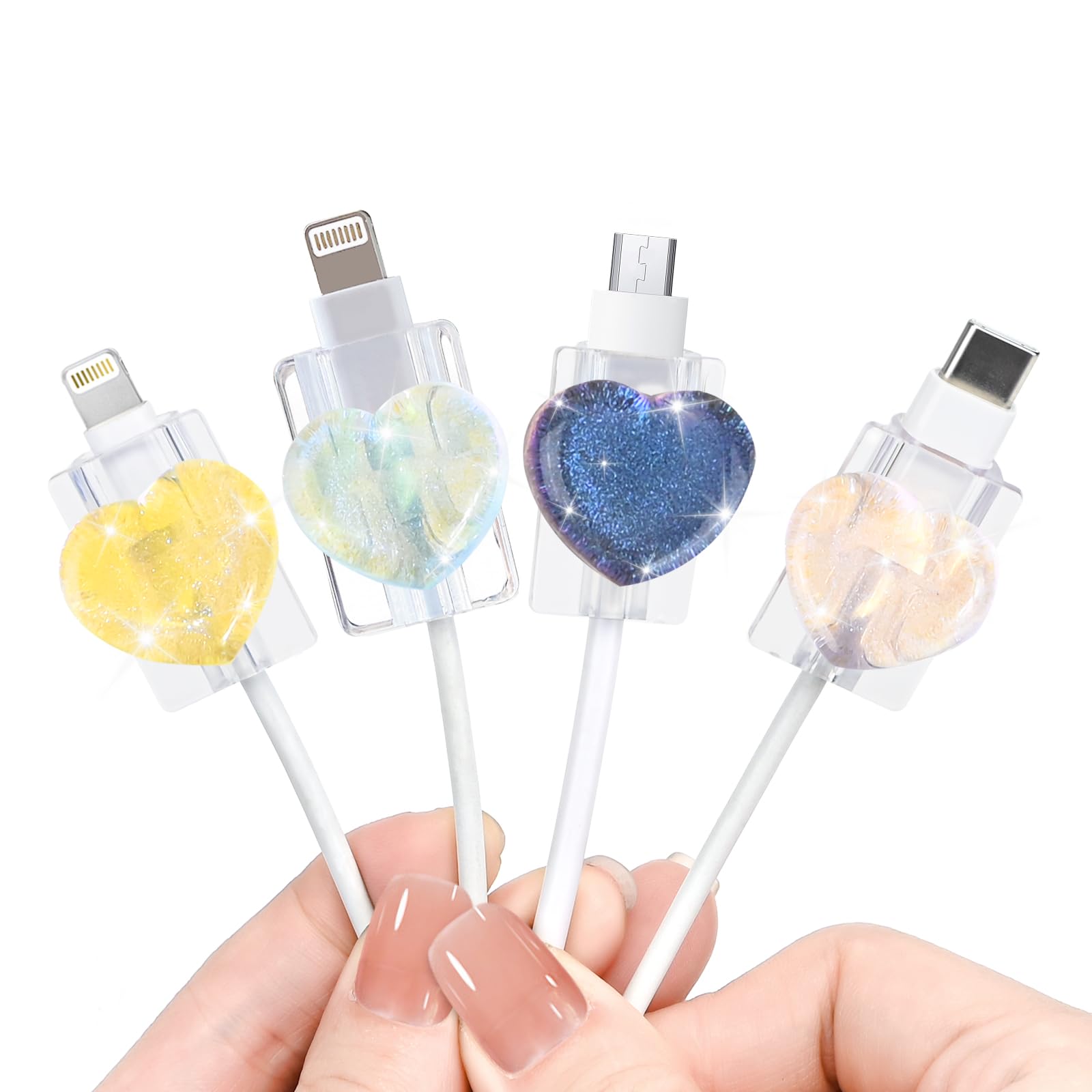 Cute Cable Protector for iPhone/iPad/Type-C Cable, 4pcs Charging Cord Protector Anti-Break Glitter 3D Love Heart Design,Cord Cover, Cable Sleeve, Cable Chomper (Pink&Purple &Yellow&Laser)