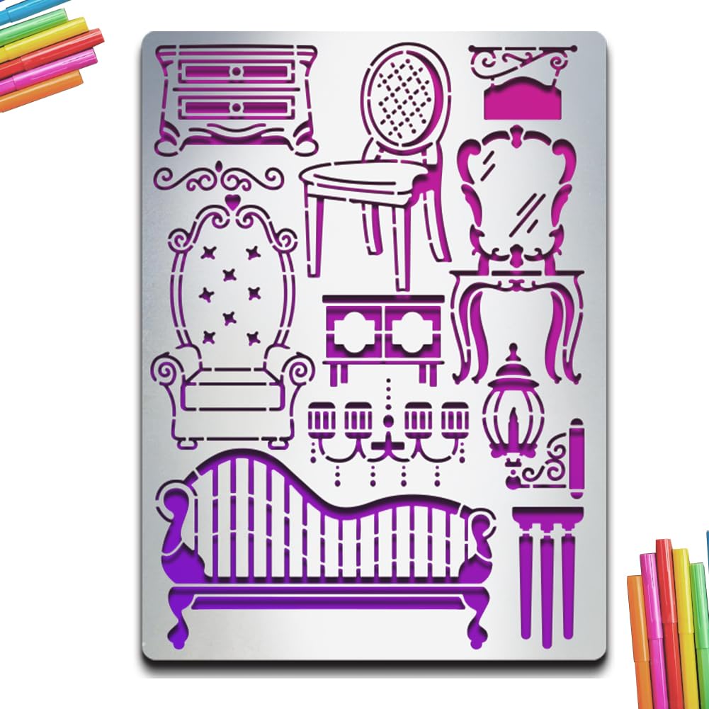 MAYJOYDIY Vintage Furniture Metal Stencils Journal Stencil Retro Tables Chairs Stainless Steel Painting Stencils 14×19cm for Journal Notebook Diary Scrapbook Drawing