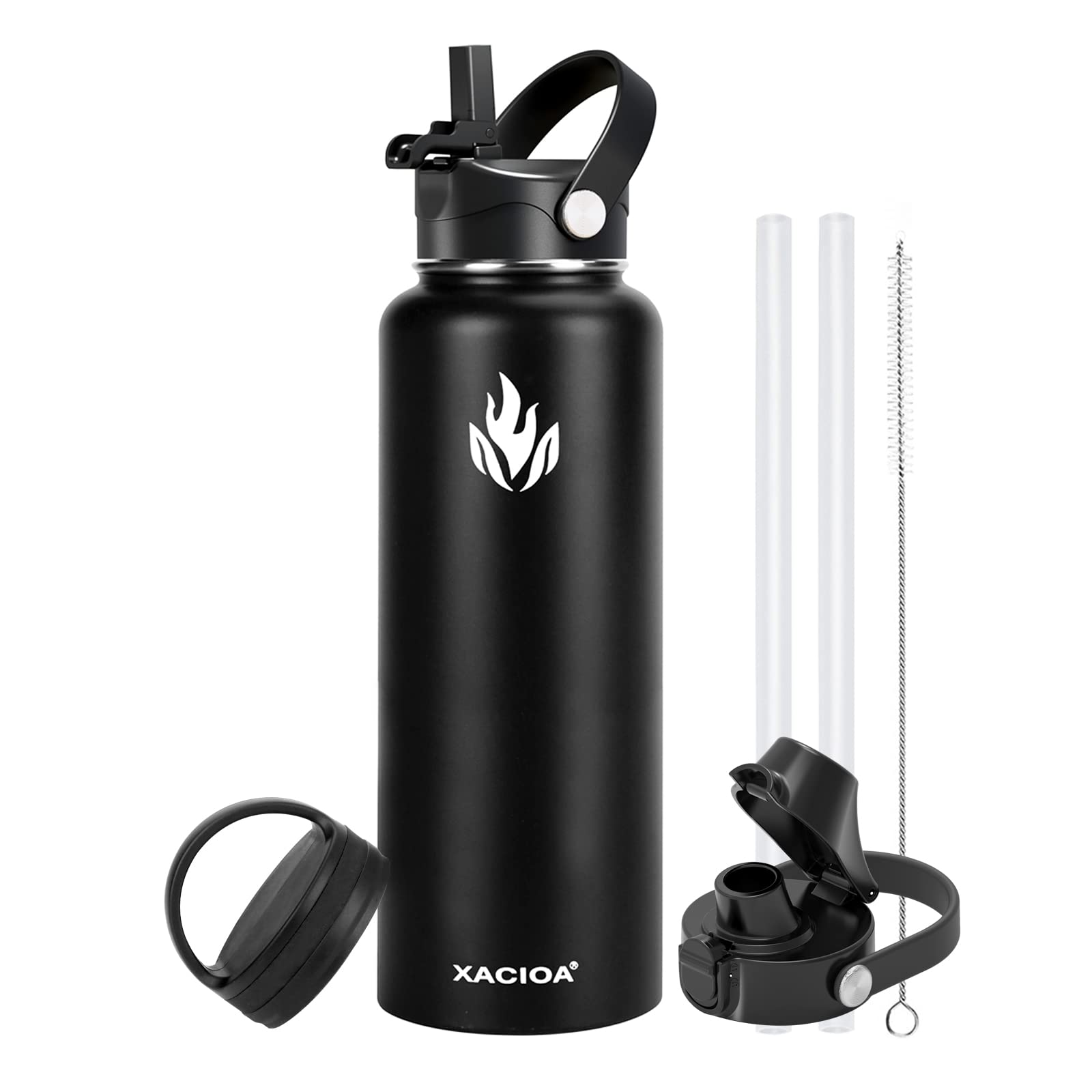 XACIOA Water Bottle Vacuum Insulated 32oz 40oz with Straw Lid,Stainless Steel Drink Flask with Flip Top Bottle Lid,Metal Wide Mouth Double Walled Leak Proof Keeps Hot Cold (Black, 40oz)