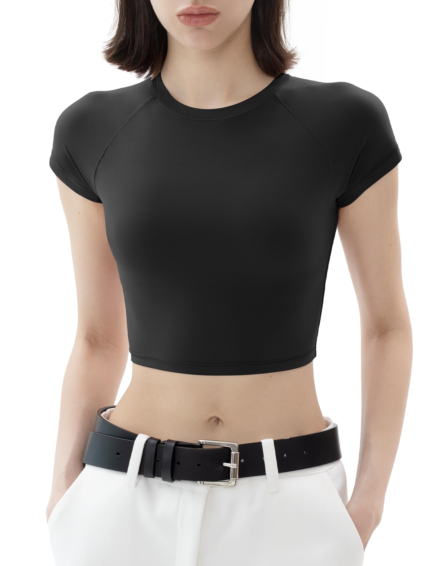 Photo 1 of PUMIEY Crop Tops for Women Short Sleeve Crew Neck T Shirt Sexy Baby Tees Jet Black Large