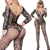 QueensHot Black Lace Sleeved Sheer Lingerie Babydoll Crotchless Teddy Nightie Leotard Body Suit Stocking Black Lace Pattern Large