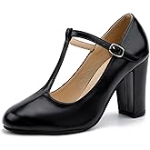 Women's T-Strap Mary Jane Pumps, Chunky Heel, Vintage Style, 3.54 Inch Round Toe Dress Shoes