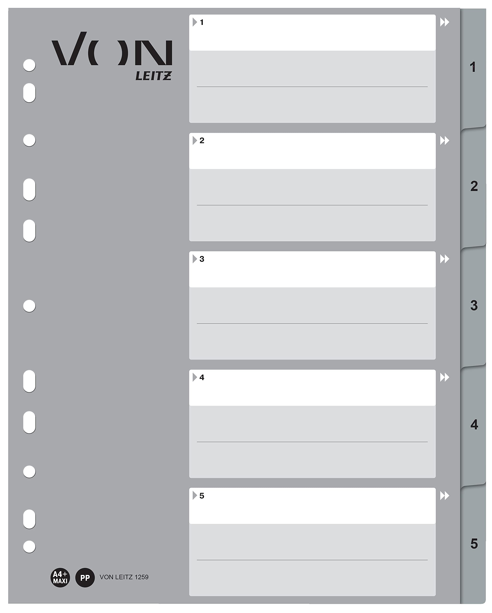 VON Leitz Pack of 10 A4 Number Indexes, 1-5 Numbered Dividers for Folders, Polypropylene, Extra Wide, 11-Hole Universal Index for Loose Leaf Folders and Ring Binders, Grey, 12590085 — image 1