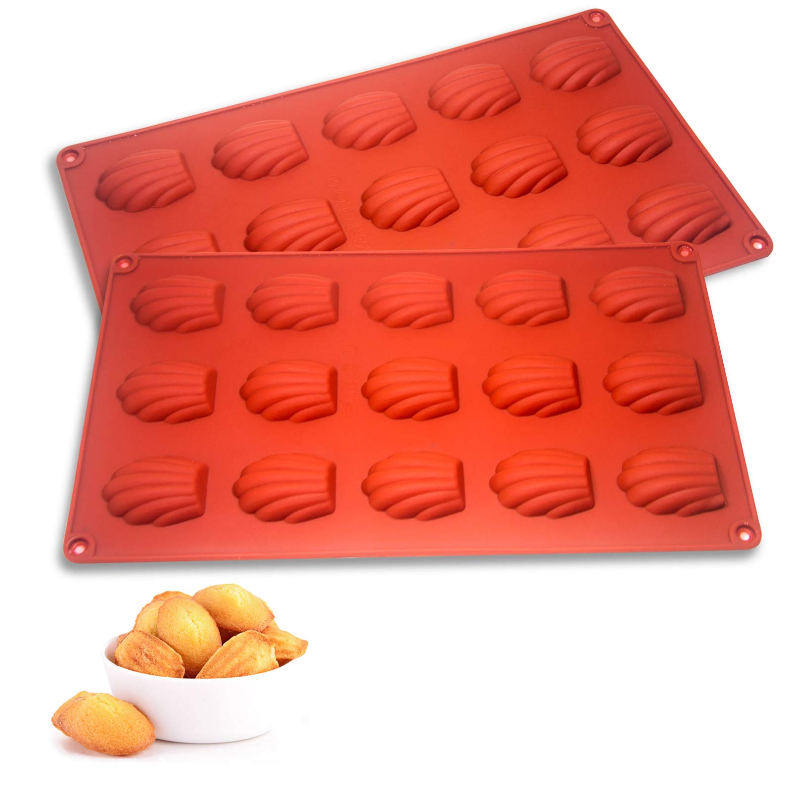 Mini Madeleines Baking Tray 2pcs, 15 Cavities Silicone Non-Stick Madeleine Tray for Baking Cake, Biscuits (Brown)