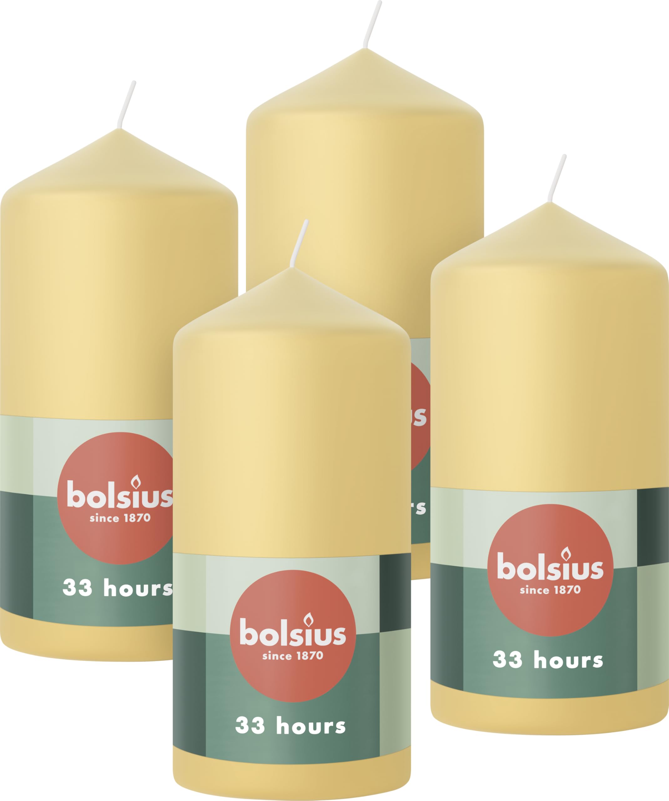 Bolsius Pillar Candles - Beige - 4-Pack - 12 x 6 cm - Decorative Household Candles - Long Burning Time of 33 Hours - Unscented - Includes Natural Vegan Wax - Without Palm Oil