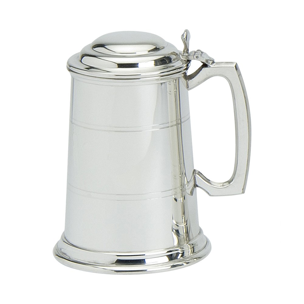 Edwin Blyde & Co 1 Pint Tankard with Solid Metal Base - Two Lined Body with Traditional Standard handle And Lid, Pewter