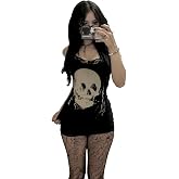 Gothic Skull Print Tank Dress, Black, Lace Trim, Fitted Style