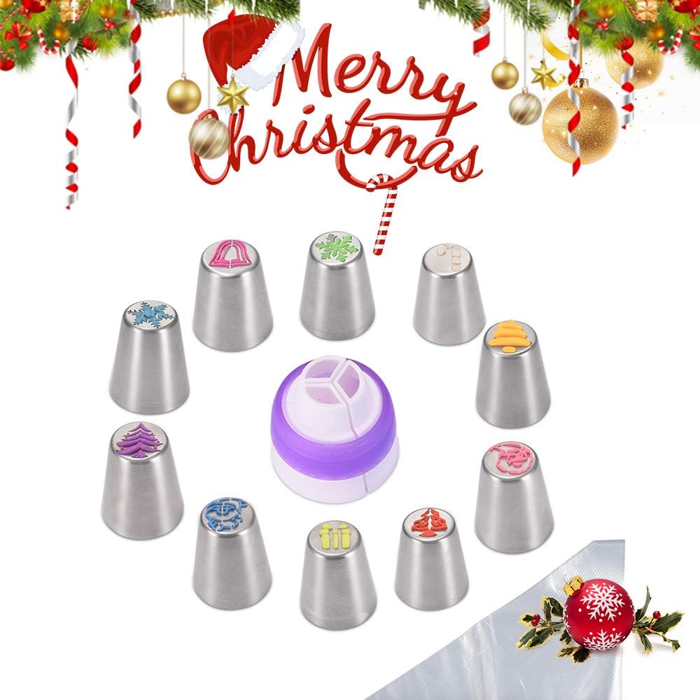 YUJUE Christmas Russian Piping Tips Set，10 Ruffle Tips And 20 Disposable Pastry Bags,The Christmas Gifts And Decration Christmas Cake