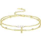 Palpitate Cross Anklet for Women Pearl Cross Ankle Bracelets 14K Gold Plated Adjustable Layered Foot Bead Chain for Women Beach Jewelry Christmas Gifts