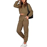 BTFBM Women 2 Piece Outfits Long Sleeve Crop Top Pullover Drawstring Pant Jogger Set Casual Sweatsuits Tracksuit Pockets