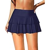 Pinup Fashion High Waisted Swim Skirt - Women Ruched Ruffle Bathing Suit Bottom Skorts with Built-in Shorts