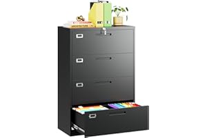 MIIIKO 4 Drawer Lateral File Cabinet with Lock, White Lateral Filing Cabinet, Large Deep Drawers Locked by Keys, Metal Storag