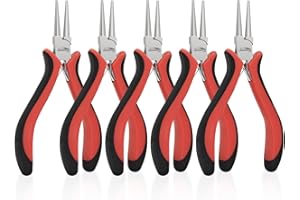 HOUSERAN 5-Piece Round Nose Pliers for Jewelry Making, Smooth Jaw Wire Looping Pliers with Spring Mechanism, Mini Needle Nose