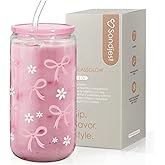 SANDJEST Bow Glass Can, Bows Cup with Lid & Straw, Iced Coffee Aesthetic Cups, Idea Gift for Christmas Birthday Mother Day, G