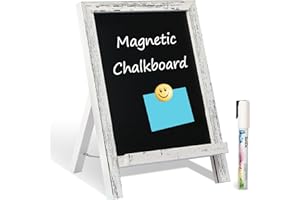 QUEENLINK Magnetic Chalkboard Sign with Stand, 9.5" x 14" Tabletop White Wooden Framed Chalk Board, Small Desktop Menu Board for Kitchen Vintage Wedding Table Sign Memo Board
