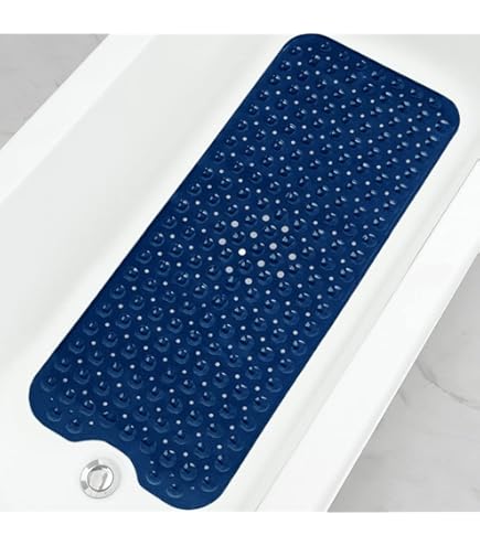 Non-Slip Marble Bath Tub Mat - 40x17 Inch Blue Geometric Design, Suction Cups & Drain Holes, Washable Shower Mat