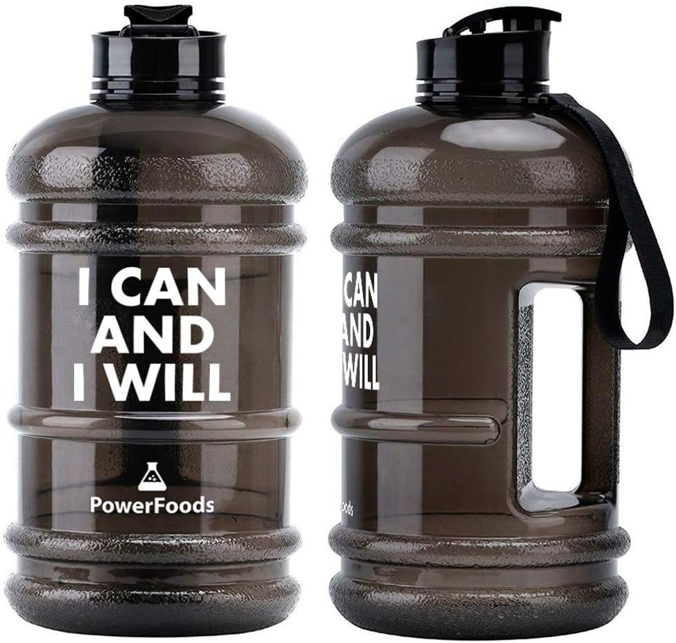 PowerFoods 2.2L Super Large Sport Water Bottle BPA Free Reusable Plastic Leakproof Lightweight Water Jug Container with Carry Strap and flip top Cap for Gym and Outdoor Sports - I Can and I Will