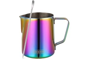 ZRODEN Milk Frothing Pitcher, 12oz Espresso Steaming Pitchers Stainless Steel Cappuccino Coffee Machine Accessories Barista Tools Steam Froth Pitchers Milk Jug Cup with Decorating Pen Latte Art, Rainbow