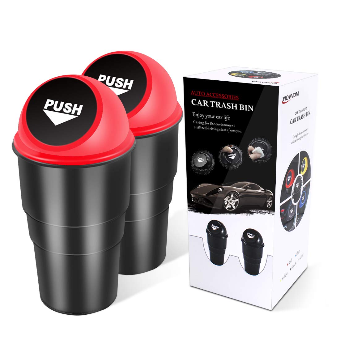 YIOVVOM Car Garbage Can with Lid, Leakproof Vehicle Automotive Cup Holder Car Trash Can, Small Trash Bin for Automotive Office Home Kitchen, Bedroom Set of 2 (Red)