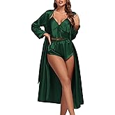 OPOIPIN Women's 3Pcs Pajamas Satin Cami Top and Shorts with Robe Sleepwear Set Soild Dark Green X-Small
