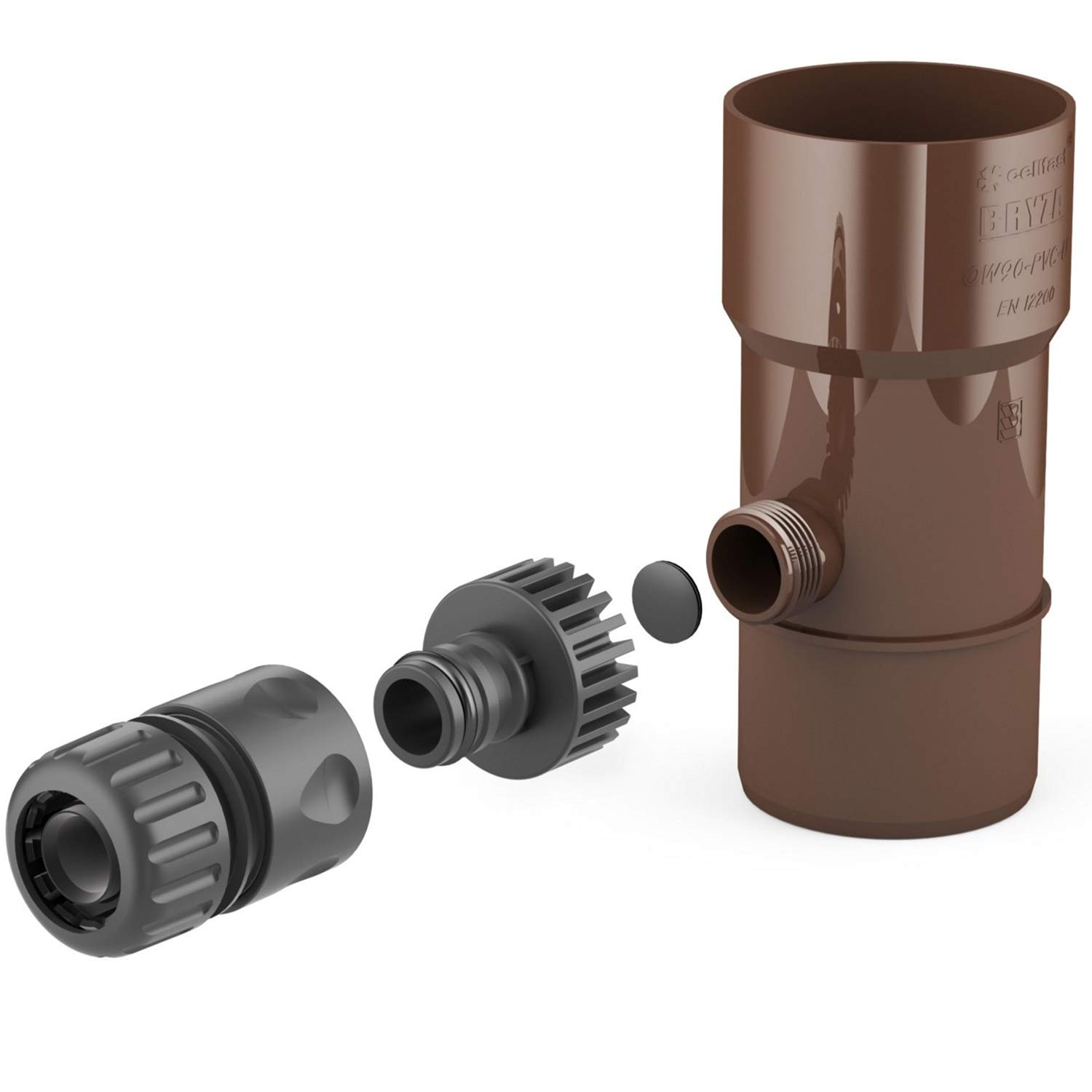 BRYZA® Gutter Drain for Rainwater Tank DN Diameter 63 mm, Brown | Rainwater Tank Speedy Rainwater Collector for Downpipes Garden Hose Connection Quick Coupling