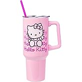 Silver Buffalo Sanrio Hello Kitty Waving Double Walled Stainless Steel Tumbler with Handle and Straw, Fits in Standard Cup Holder, 40 Ounces