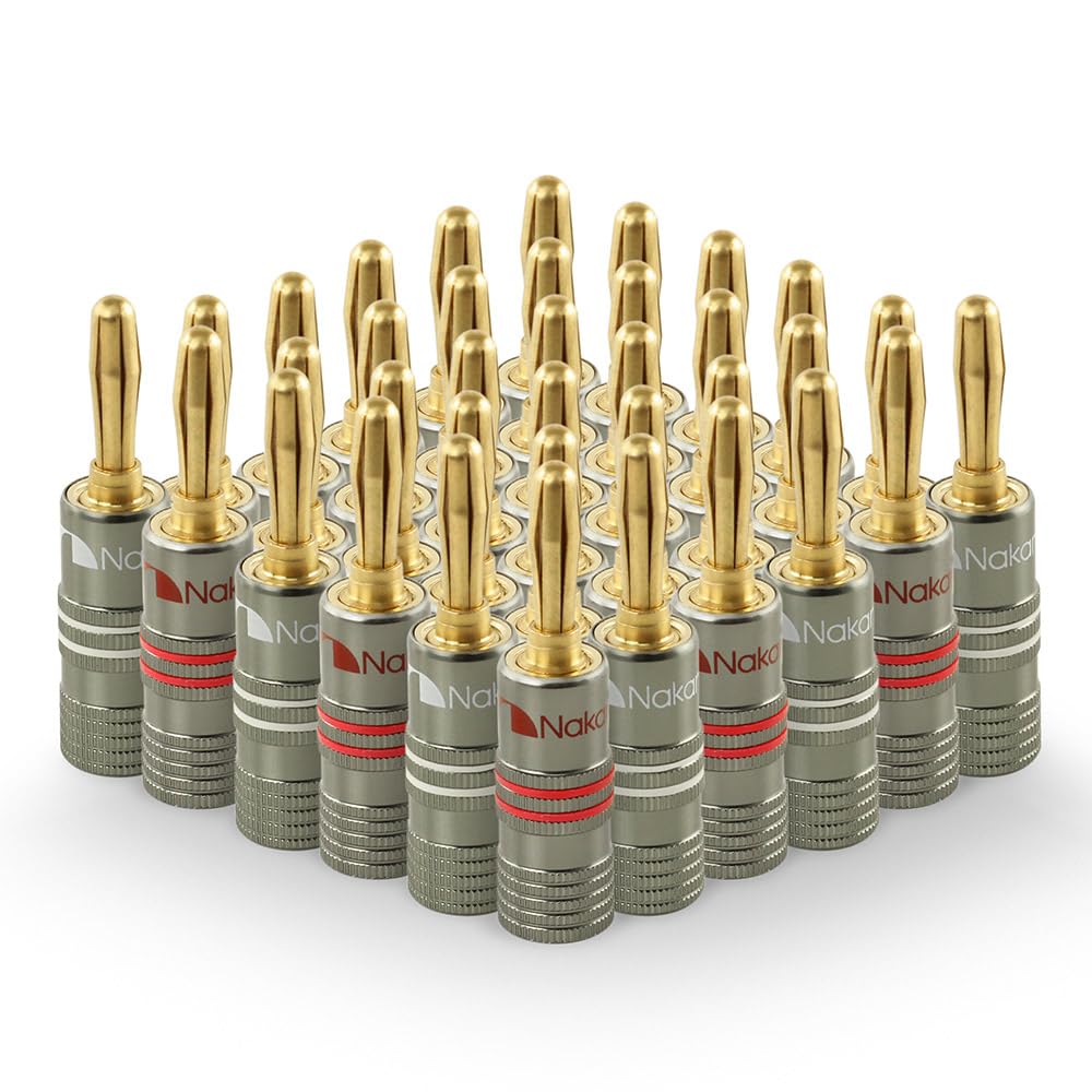 Nakamichi Ultimate Series 24k Gold Plated Beryllium Red Copper Banana Plug 12 AWG - 18 AWG Gauge Size 4mm for Speakers Amplifier Hi-Fi Stereo Receiver Audio Wire Cable Connector 36 Pcs (18-Pairs)