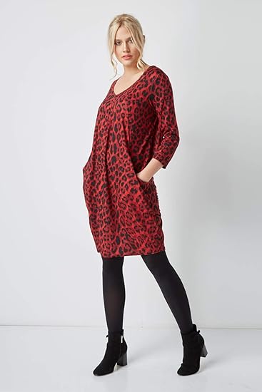 Red leopard print jumper dress tunic classy V-neckline, side pockets