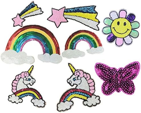 8PCS Embroidered Unicorn Rainbow Butterfly Patches Lot Sequined Patch Appliques