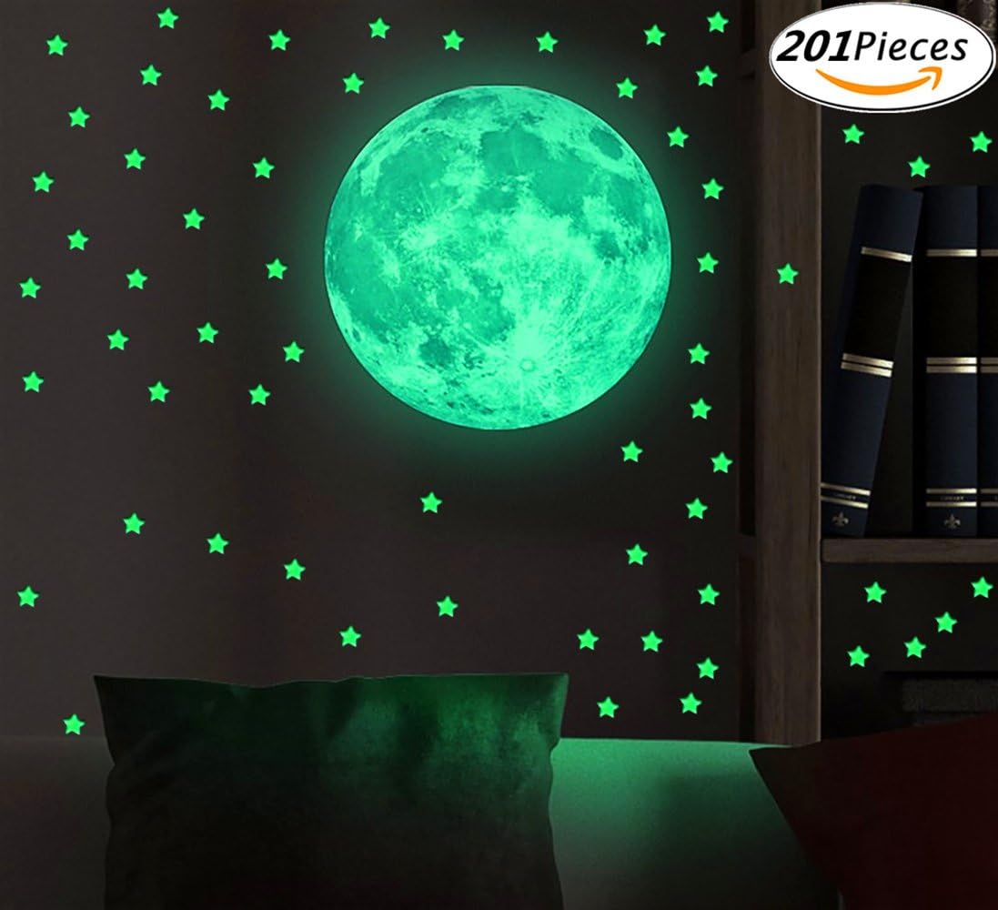 Luminous Moon and Stars Wall Sticker, Nunen Glow In The Dark Wall Stickers Decor Adhesive Removable 200Pcs Stars and Full Moon for Starry Sky, Perfect For Kids Bedding Room or Birthday Gift ,Beautiful Wall Decals by Nunen ,Delight The One You Love