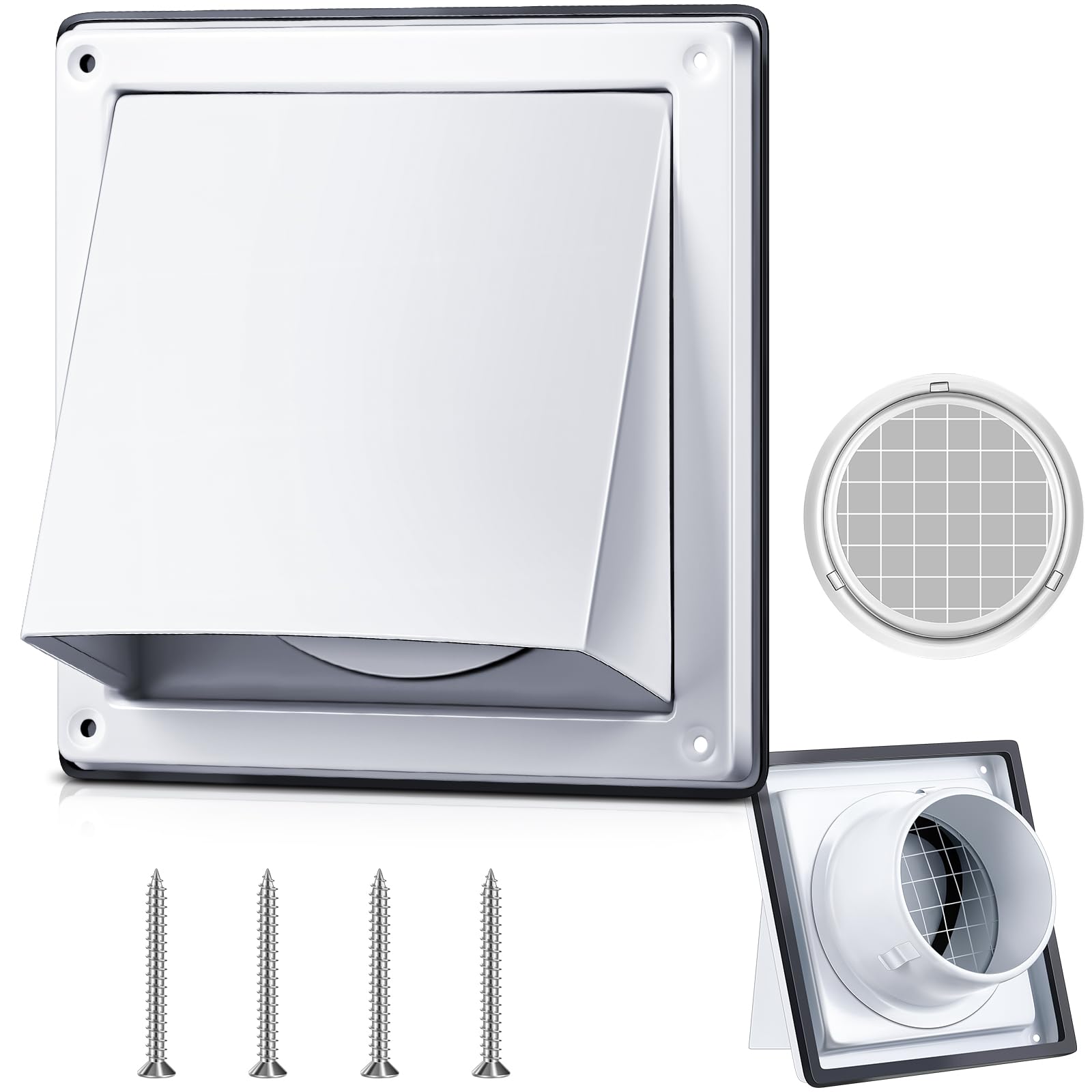 Photo 1 of Gisafai Dryer Vent Cover Outside Walls External Extractor Fan Exhaust Vent Cap Stainless Steel Hood Cushioned Non Return Flap with Sealing Gasket Grille Screen(4'',White)