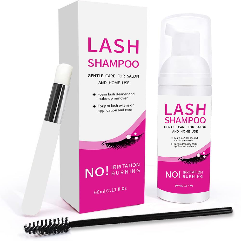 3 In 1 Eyelash Foaming Shampoo Set, 2.11 fl.oz, Remove Eye Makeup Oil, 60ml Eye Lash Extension Foam Cleanser Mousse with Mascara Wand Eyelid Cleansing Brush, Professional Salon Home Care Kit Self Use