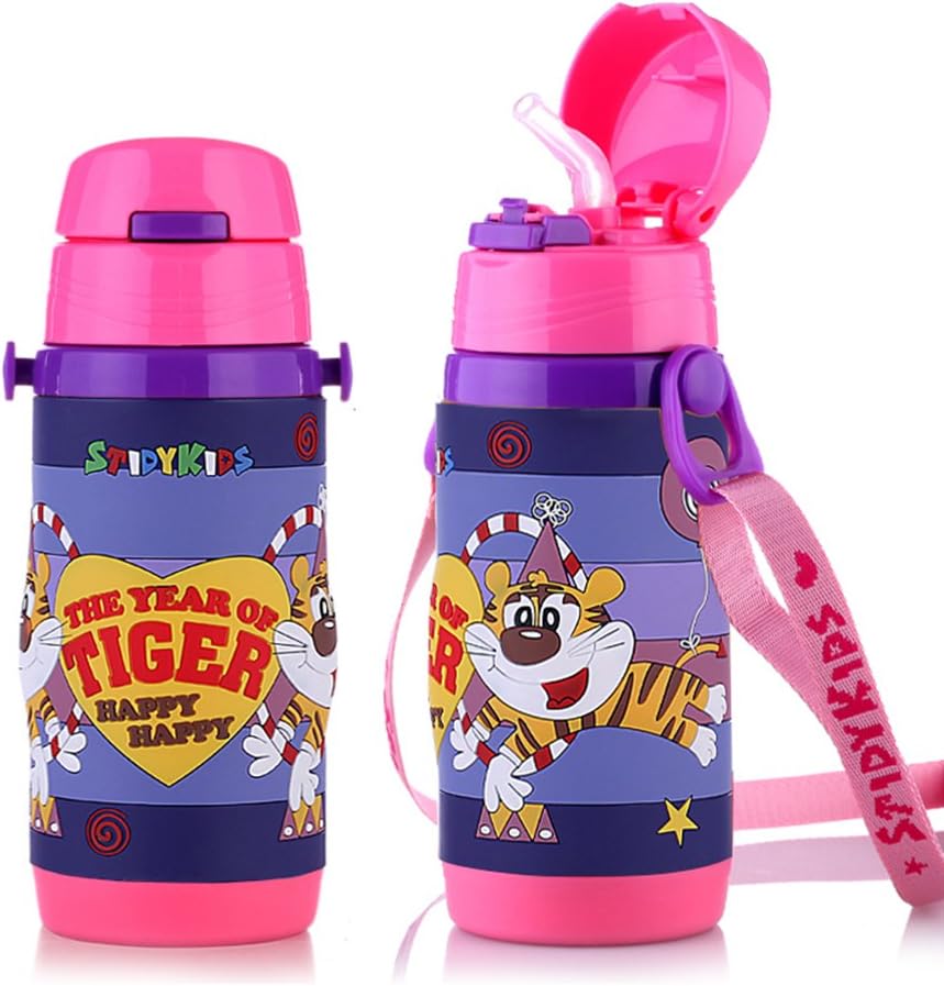 Vacuum Insulated Stainless Steel Water Bottle With Straw, 12-Ounce, Sports Water Bottle For Kids (Pink Tiger)