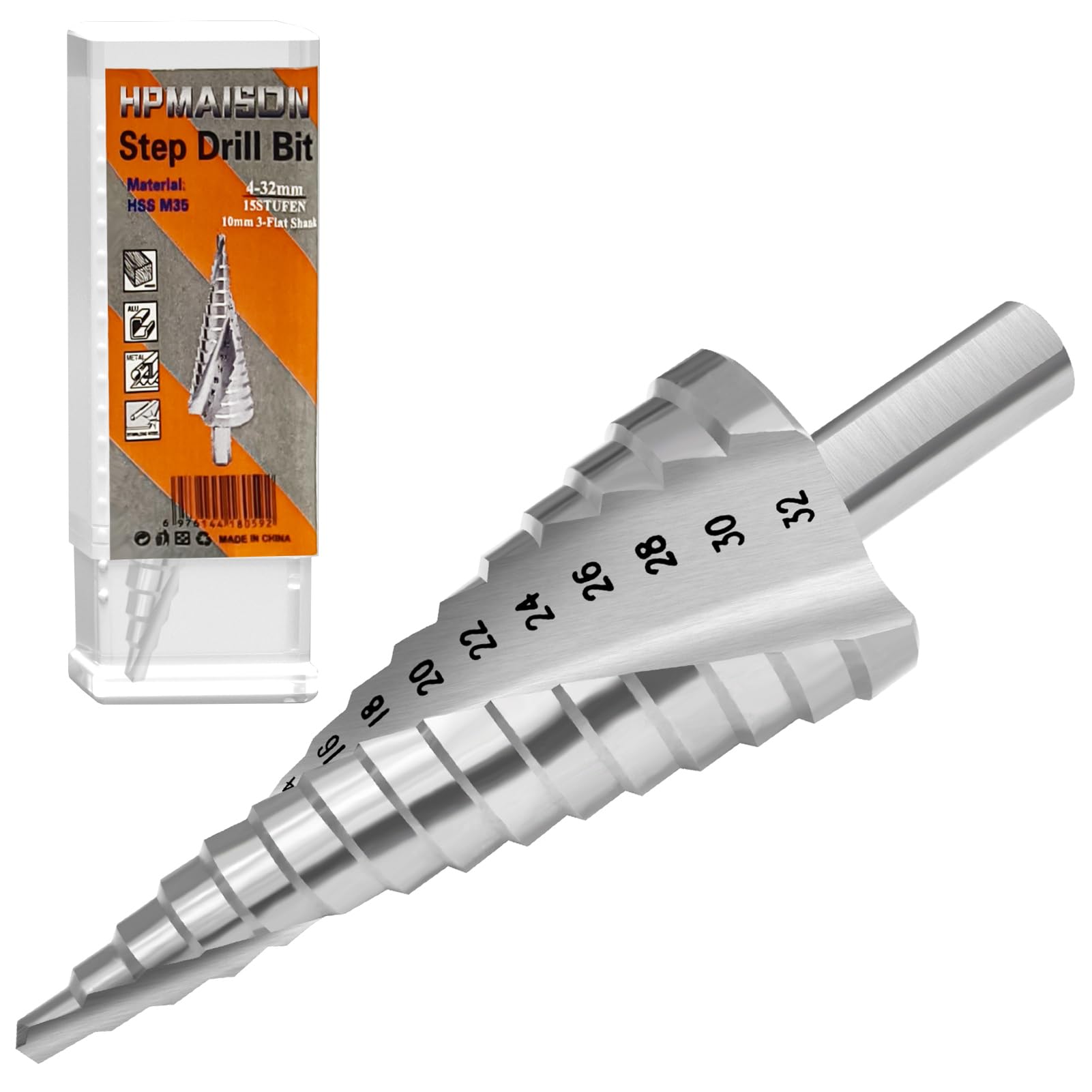 HPMAISON M35 Cobalt Step Bit, 10mm 3-Flat Shank High Speed Steel 5% Cobalt Step Drill Bit (4-32mm, 15 Steps), Silver Titanium Spiral Grooved Cone Drill Bit Hole Cutter for Stainless Steel, Hard Metal