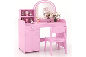 HONEY JOY Kids Vanity with Lights, Little Girls Vanity Set with Mirror and Stool and Lights, Wooden Princess Makeup Dressing Table, Storage Cabinet, Pretend Play Kids Vanity Table and Chair Set(Pink)