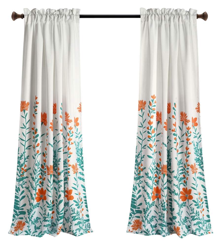 Lush Decor Aprile Light Filtering Window Curtain Panels, Pair, 52" W x 84" L, Orange & Turquoise - Floral Curtains - Pretty Orange Flower Print - Cottage, French Country & Farmhouse Window Decor