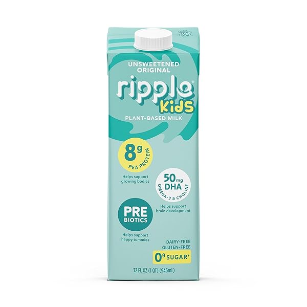 RIPPLE 32 OZ PLANT BASED MILK 8G OF QUALITY SOURCED PEA PROTEIN, CALCIUM RICH | SHELF STABLE | VEGAN & NON GMO CERTIFIED | DAIRY, SOY, NUT, GLUTEN, & LACTOSE FREE (PACK OF 6) (32 FL OZ (PACK OF 6), KIDS UNSWEETENED)