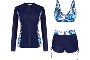 JASAMBAC Women 3 Piece Rash Guard Long Sleeve Zip Up Swimsuits with Boyshort UV UPF 50+ Swim Shirt Built in Bra