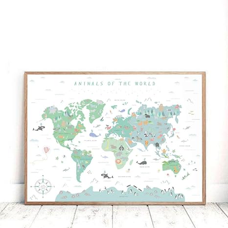 Amazon ウッドランド動物世界地図ポスターアートパネルプリント保育園壁アートパネル装飾水彩マップ動物キャンバス絵画インテリアキッズルーム画像60x80cmx1フレームなし アートフレーム ポスター オンライン通販