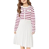 Haloumoning Girls Sweater Dress Knit Long Sleeve Striped A Line Pleated Fall Winter Dresses 5-14 Years