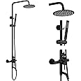 Aolemi Matte Black Outdoor Shower Faucet SUS304 Stainless Steel Shower Fixture 8 Inch Rainfall Shower Head System with Bathroom Handheld Shower and Tub Spout Set