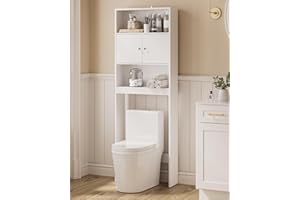 AEPOALUA Over Toilet Storage Cabinet, Bathroom Storage Organizer Shelf Over Toilet, Double Door Bathroom Storage Cabinet, Toilet Rack with Open Storage Shelf, White