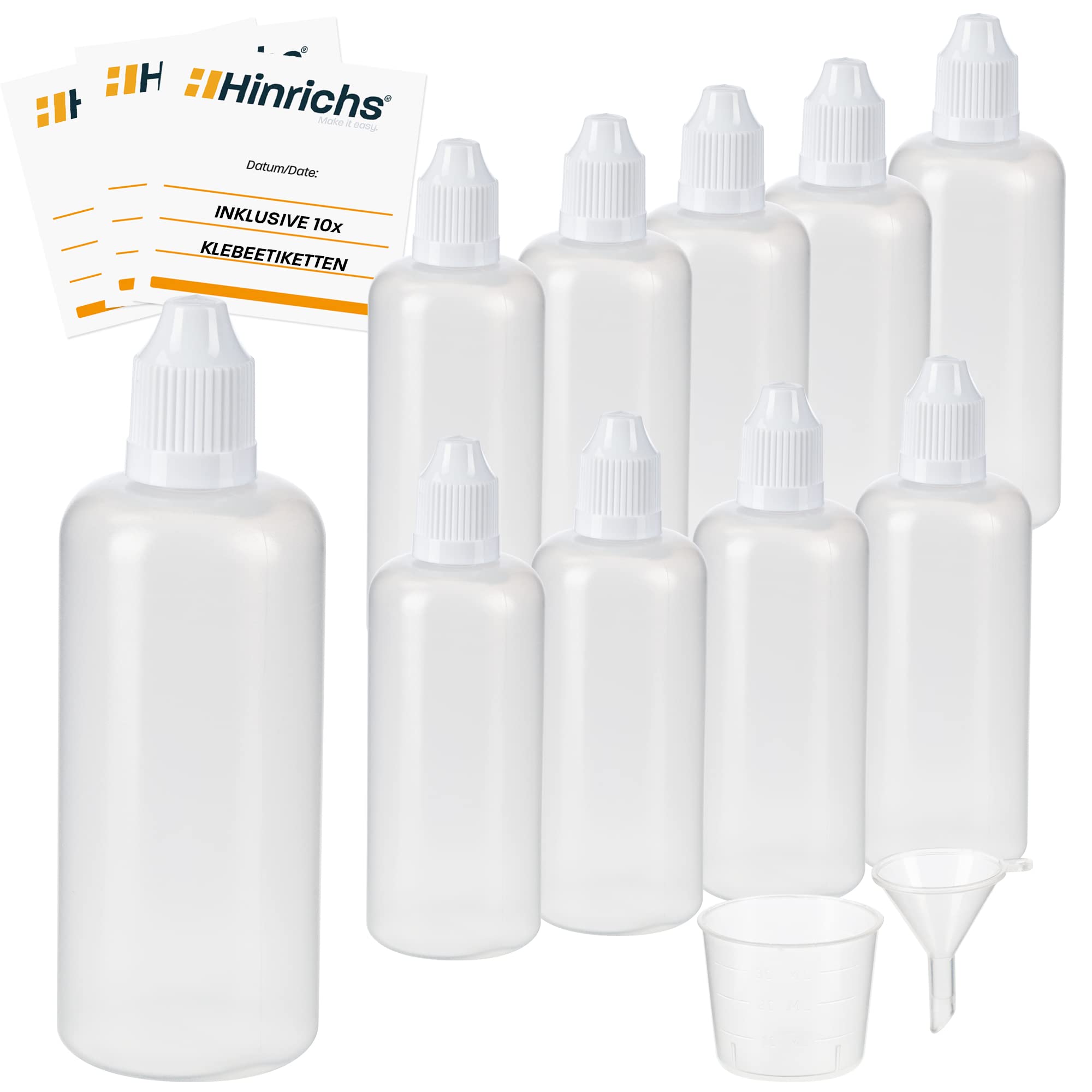 Hinrichs 10 x 100ml Squeeze Bottle with funnel measuring beaker and 10 labels - measure store liquids - child-proof lock - Squeezy Bottles LDPE material â€“ Wash Bottle - Squeezy bottle
