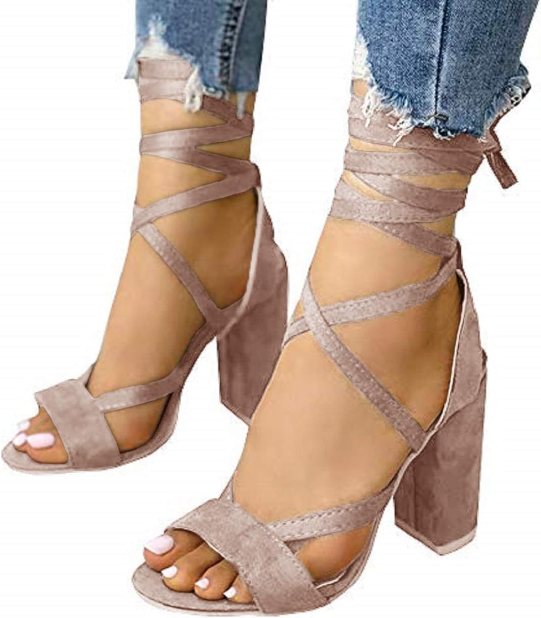 Liyuandian Womens High Block Heel Dress Sandals Tie Lace Up Ankle Strap Chunky Party Pumps Shoes