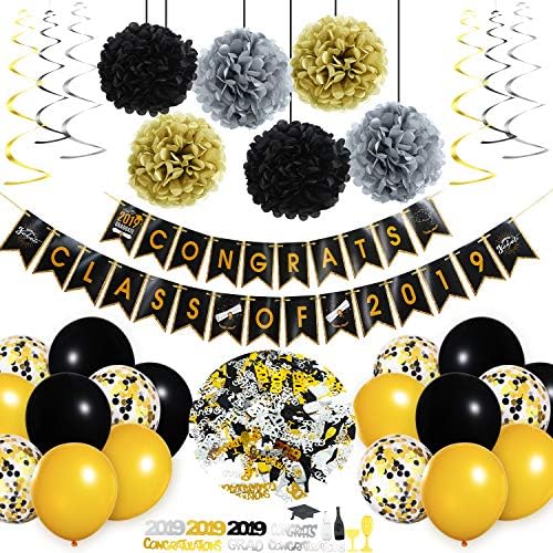 Zonon Graduation Decorations Kits Congrats Class Of 2019 Banner Paper Pom Poms Hanging Swirls Graduation Confetti Black and Gold Balloons Graduation Party Supplies